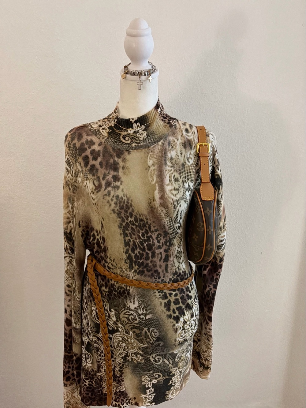 Vintage Cache Animal Print Mock Neck Long Sleeve Dress in Brown and Cream